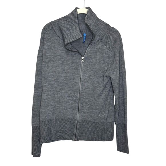 Kuhl Sweater Womens Medium Gray Full Zip Merino Wool Blend Funnel Collar Ribbed - Picture 1 of 8